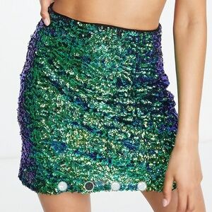 ASOS DESIGN iridescent Petite mini skirt in green sequin - US 6 NWOT